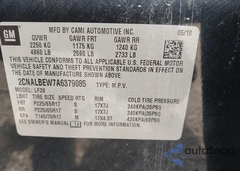 2010 Chevrolet Equinox Ls from USA, damaged, VIN 2CNALBEW7A6379085
